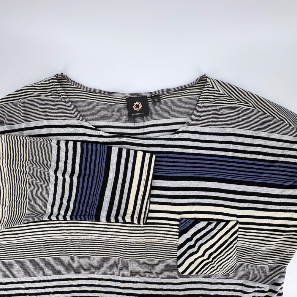 Amber Sun Womens Large‎ Striped Dolman Sleeve Top Back Button Detail Grey Blue